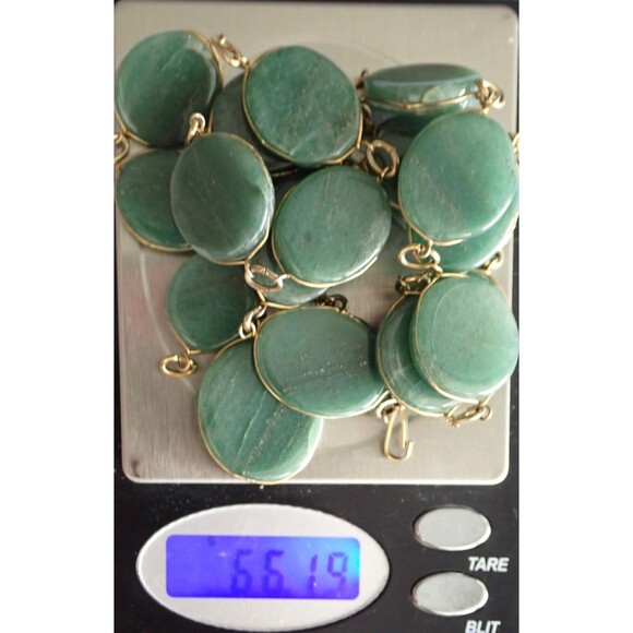 Green Aventurine Necklace & Matching Bracelet Stone Disk Gold Tone Wire Links - Picture 14 of 16